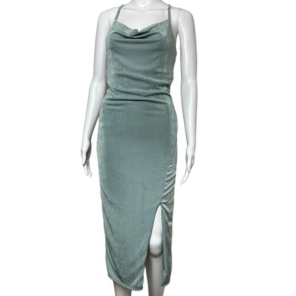 21 Saints Dresses & Skirts - 21 SAINTS Womens Sz S Green Midi Dress Crowl Neck Low Back Side Slit Shiny Fairy